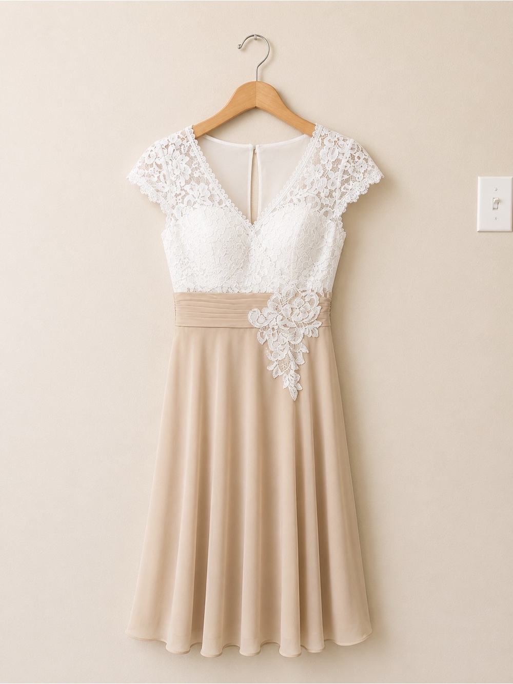 JJ’s House White Lace Overlay Bodice V-Neck Cap-Sleeve Champagne Chiffon Dress